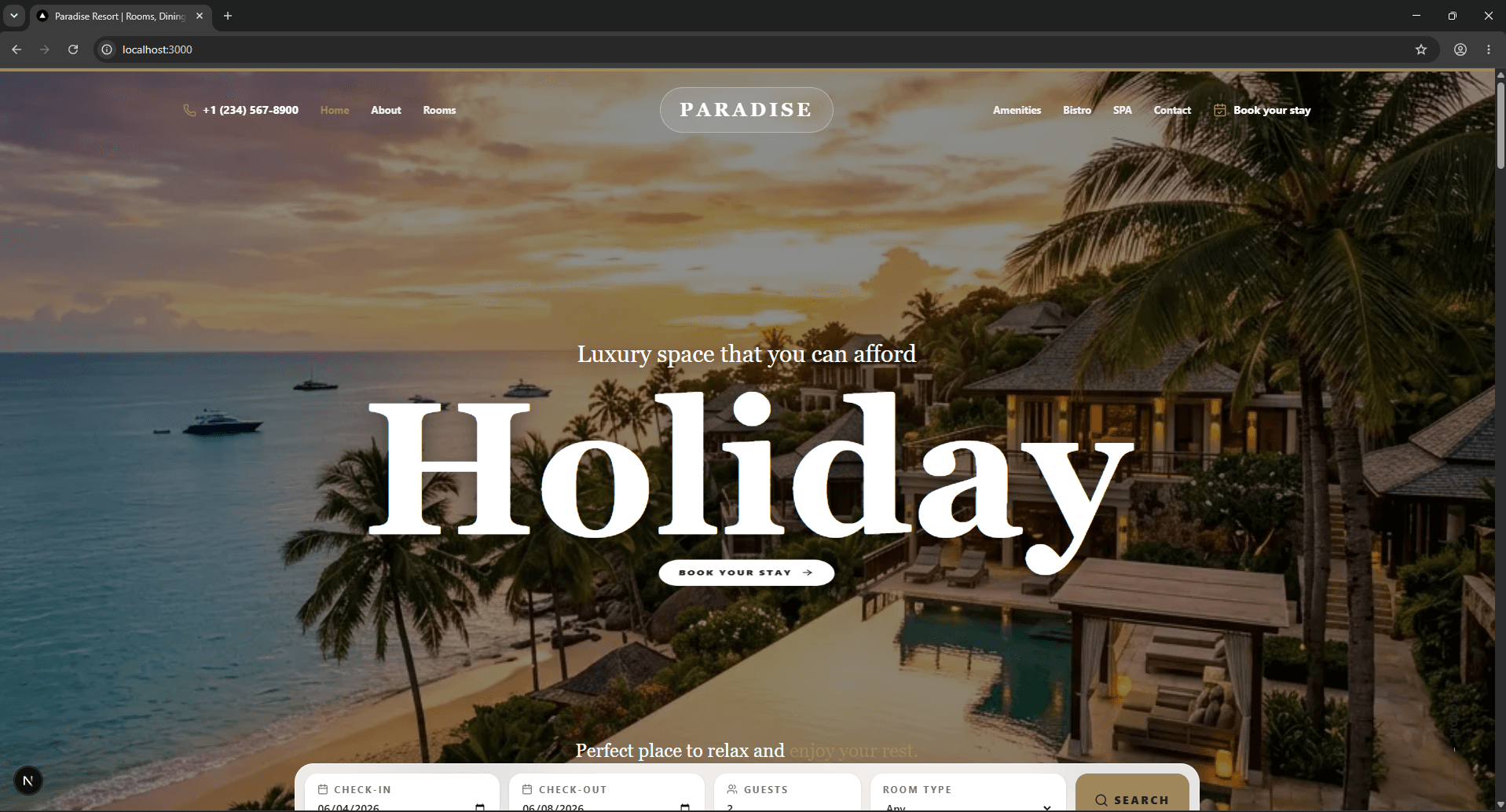 Paradise Resort homepage with a tropical property and booking search