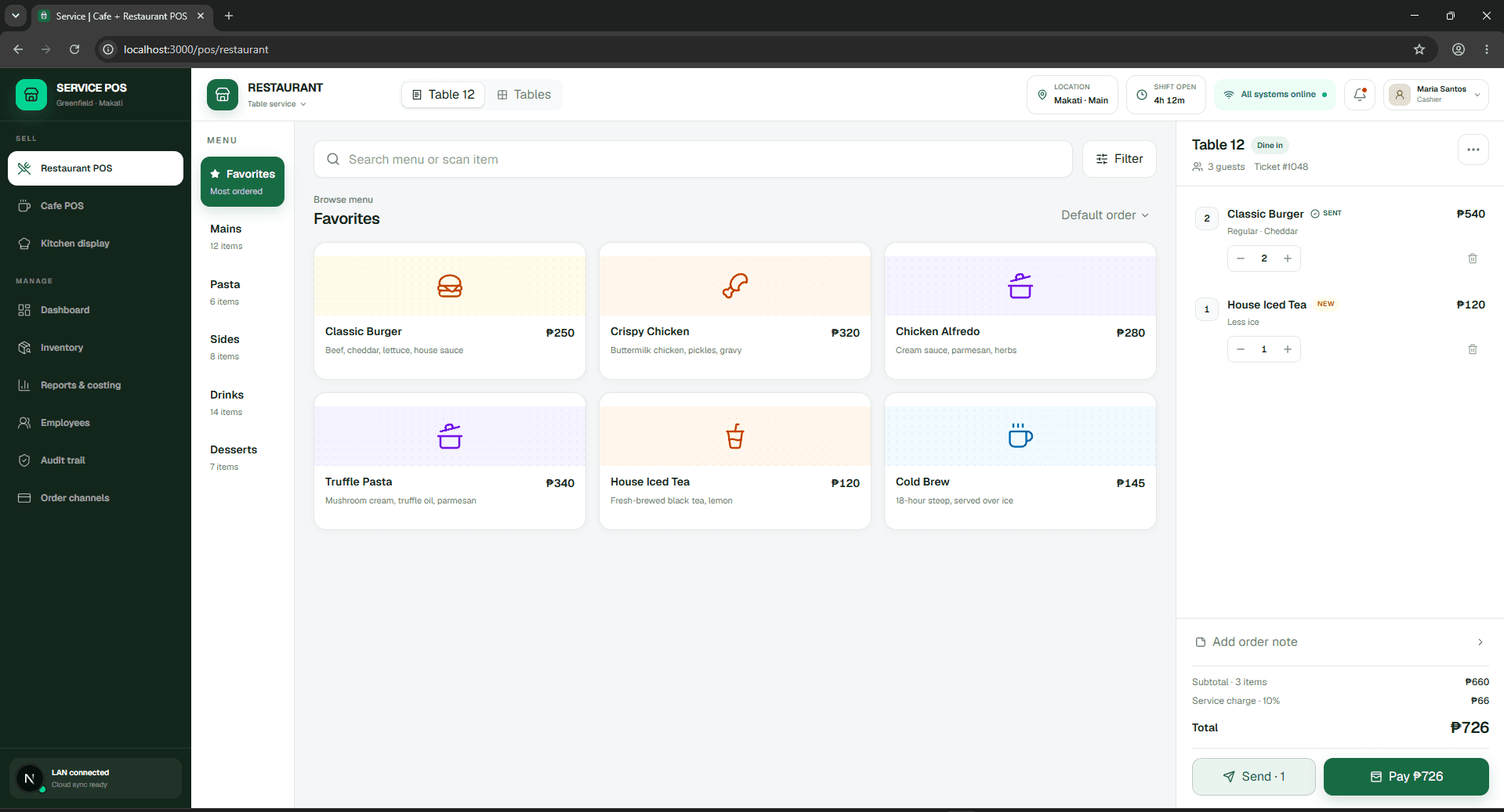 Service POS restaurant ordering interface