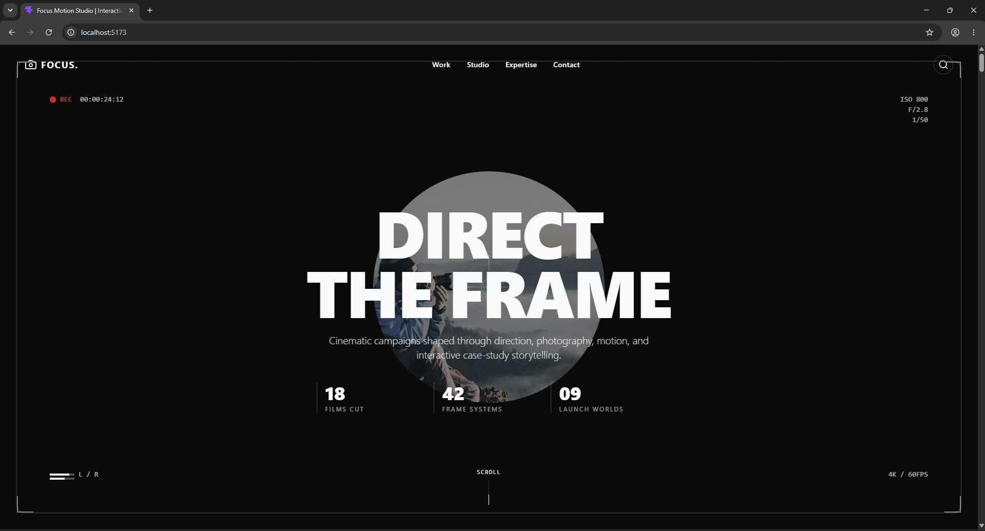 Focus Motion Studio portfolio homepage with Direct the Frame headline