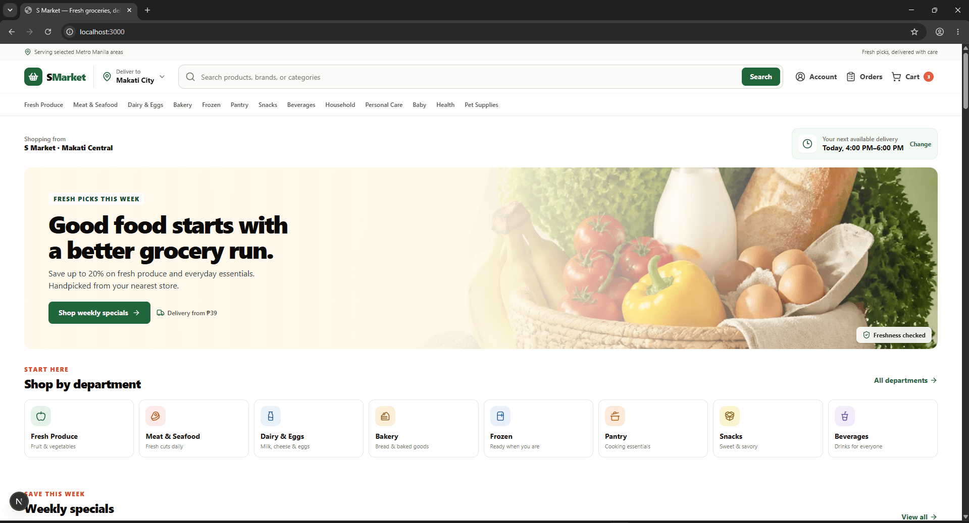 S Market online supermarket homepage with grocery departments